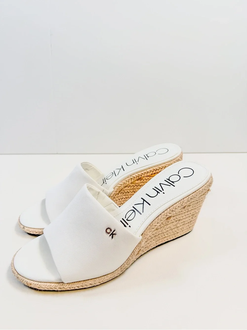 Calvin Klein White Canvas Espadrille Wedge Mules